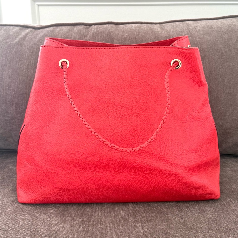 Authentic Gucci Gifford Tote Bag coral red leather large size braided handles - Picture 6 of 16
